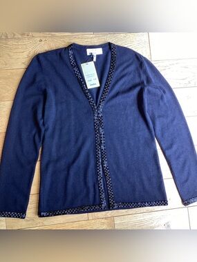 Escada Navy silk / cashmere beaded cardigan